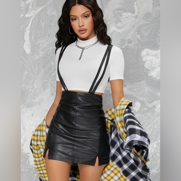 SHEIN Dresses & Skirts - NWT SHEIN X Ji Yeon Lee Double straps slit hem PU leather pinafore skirt size: M
